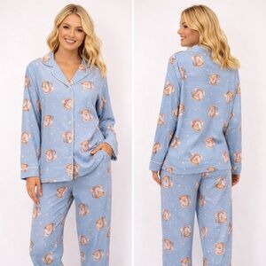 PJ Salvage NWT Sky Blue Coffee Print Flannel Pajamas Button Front Top Size XL